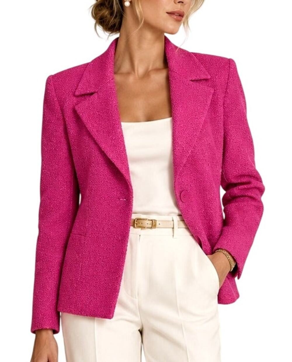 St. John Womens Silk Wool Boucle Knit Blazer Jacket S/M Pink Preppy Old Money